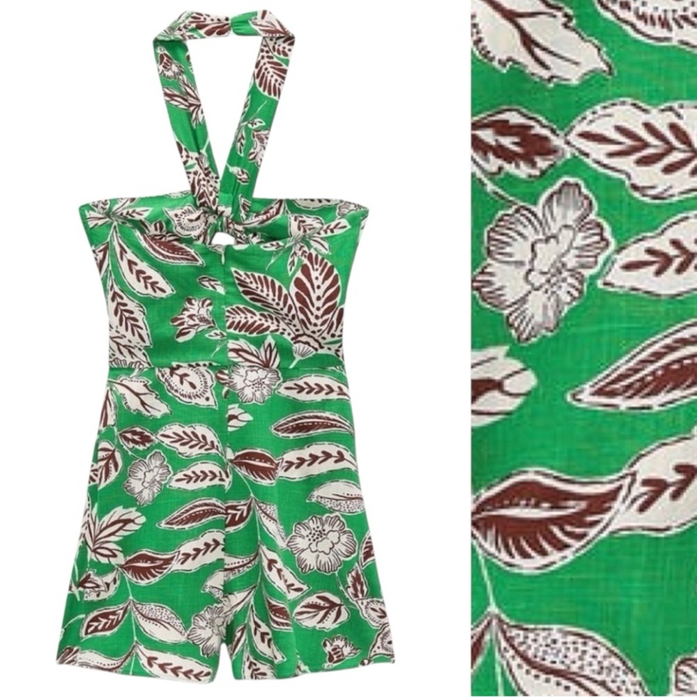 Zara green tropical floral halterneck cutout skirted romper womens M linen blend
